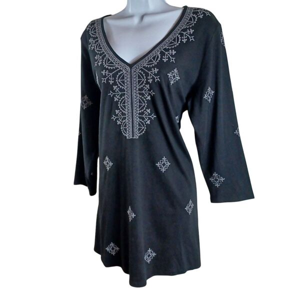 J. Jill Boho Embroidered Tunic Chic Top Sz M Black Boho V-Neck 3/4 Sleeve Cotton - Picture 3 of 9